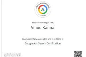 Google Ads certificate showcasing the best digital marketing strategist in Kannur skilled in PPC, campaign optimization, brand visibility, and digital growth